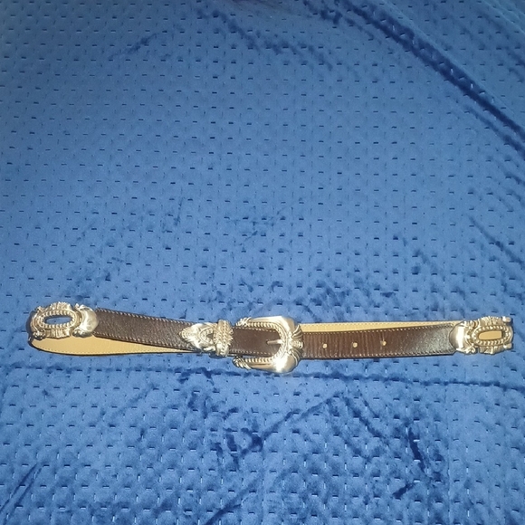 Vintage Genuine Leather Silver And Dark Brown Belt Western Size M Womens - Picture 2 of 10